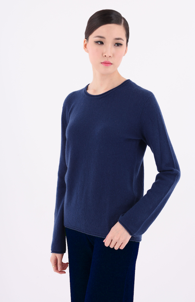 Pull col rond bleu marine haut de gamme en cachemire